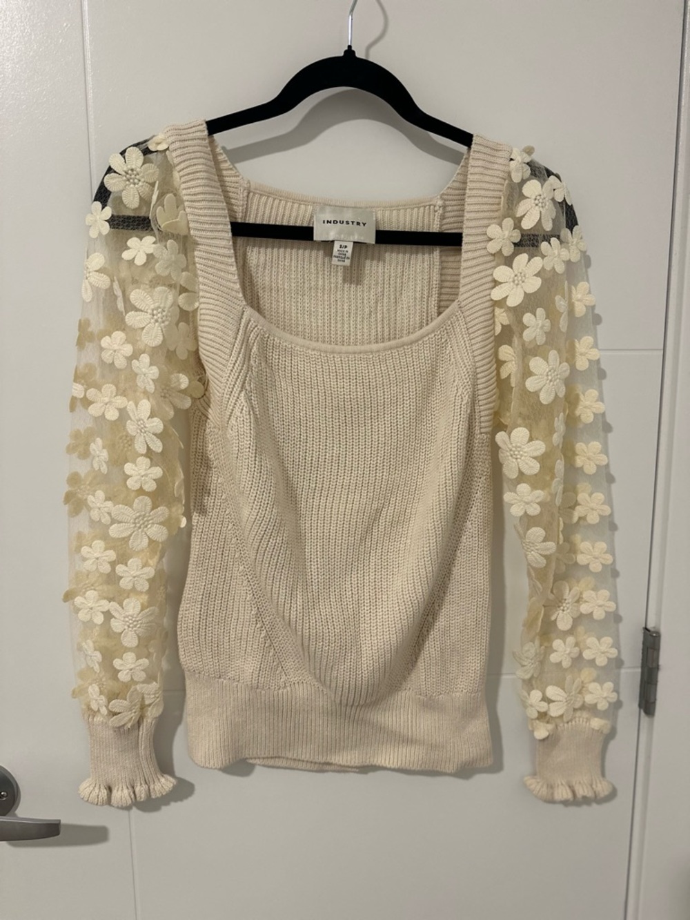 Industry Cream Knit Sweater with Floral Sheer Sleeves